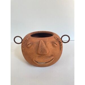 Vintage Terracotta Face Planter Rustic Clay Pot with Metal Ring Handles 6in